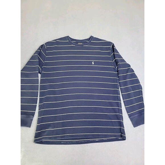 Ralph Lauren Thermal Shirt Mens 2XL Blue Stripe Cotton Preppy Stretch Dad Logo - Picture 6 of 10